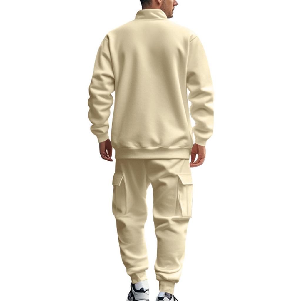 Men's Winter Casual Plus Velvet Warm Zipper Stand Collar Sweatshirt Men's Sports Pants Sweatshirt Set