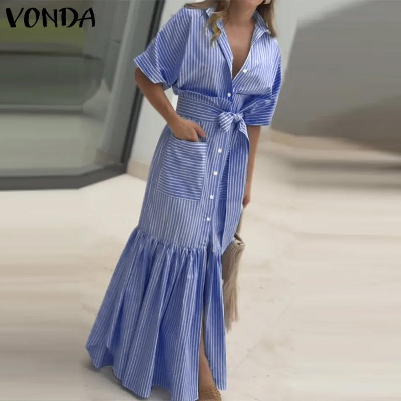 VONDA Женские элегантные полосатые платья-рубашки с коротким рукавом