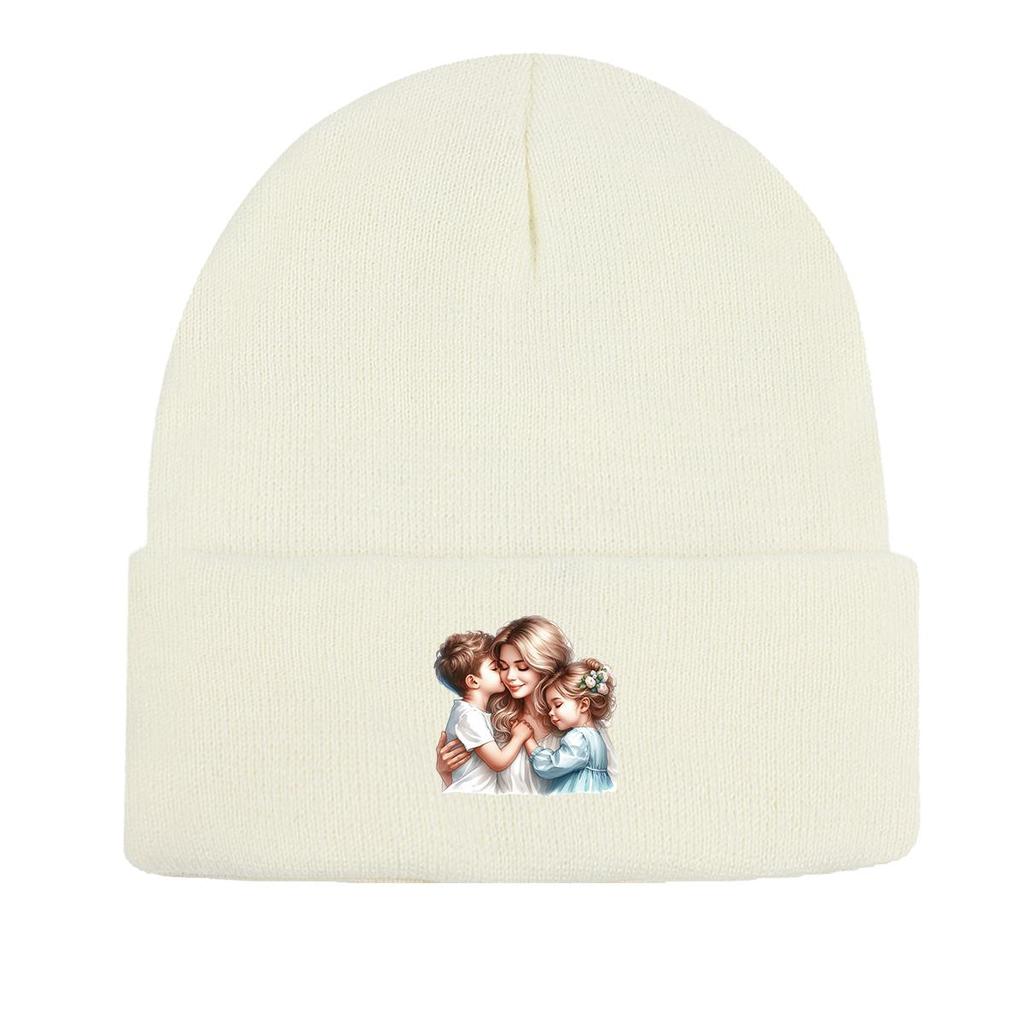 Mother Family Print Knit Hat Beanie, Man Cap Winter Fit Headwear Headwear Knitted Cap Beanie