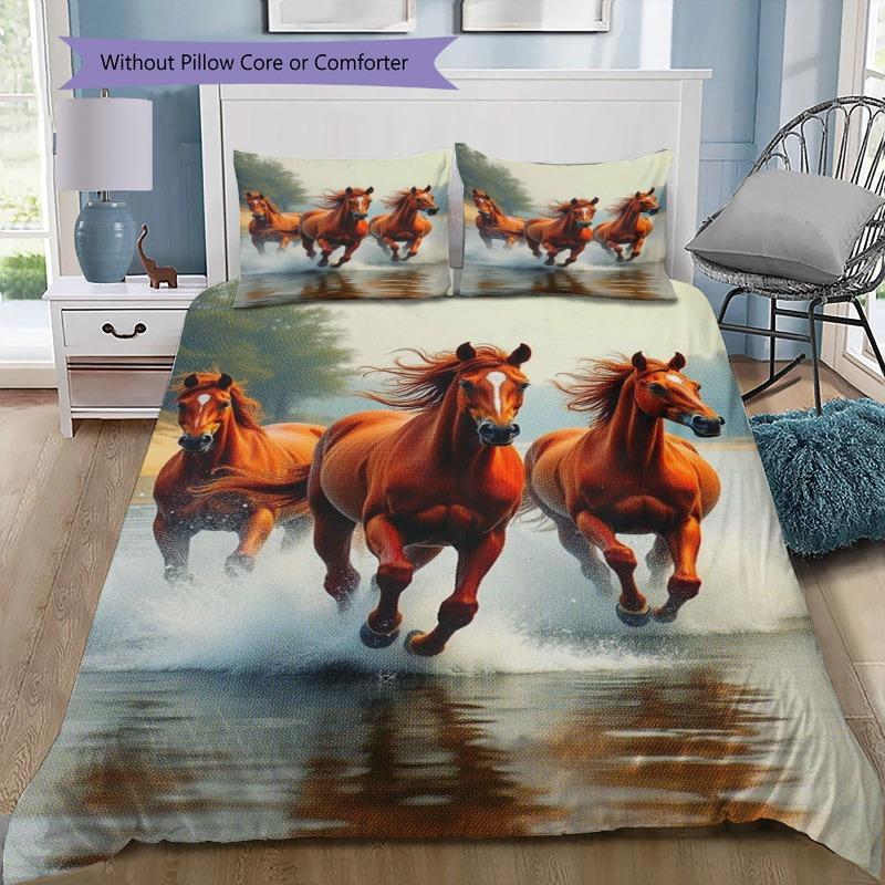 Purple Running Horse Sunset Snowfield Print Duvet Cover Set 3 Pieces Fantasy Animal Bedding Bedroom Home Decor Without Pillow Core Comforter