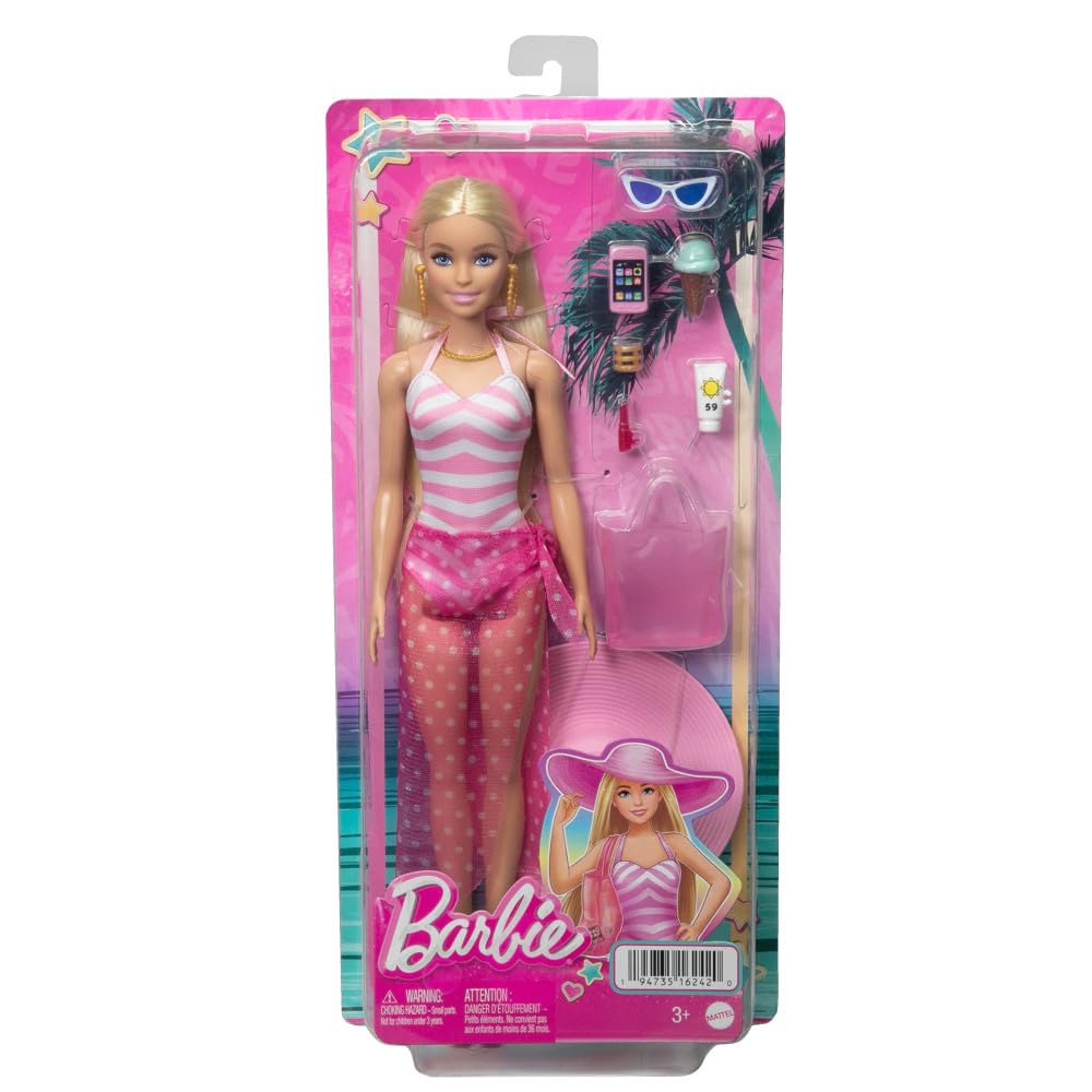 barbie Игровой набор "Кукла на пляже" с розовым полосатым купальником и аксессуарами (Модель HPL73)