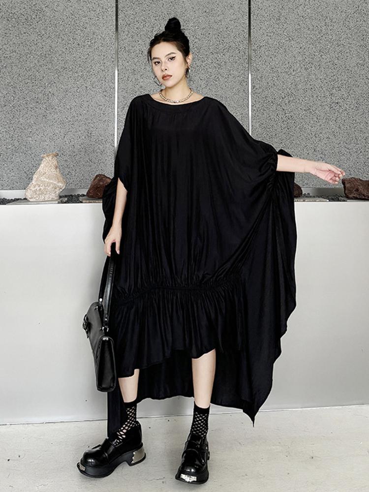 Xitao Black Irregular Batwing Sleeve Dress Loose Fashion Folds Patchwork Hem 2024 Summer New Personality Women WLD20226