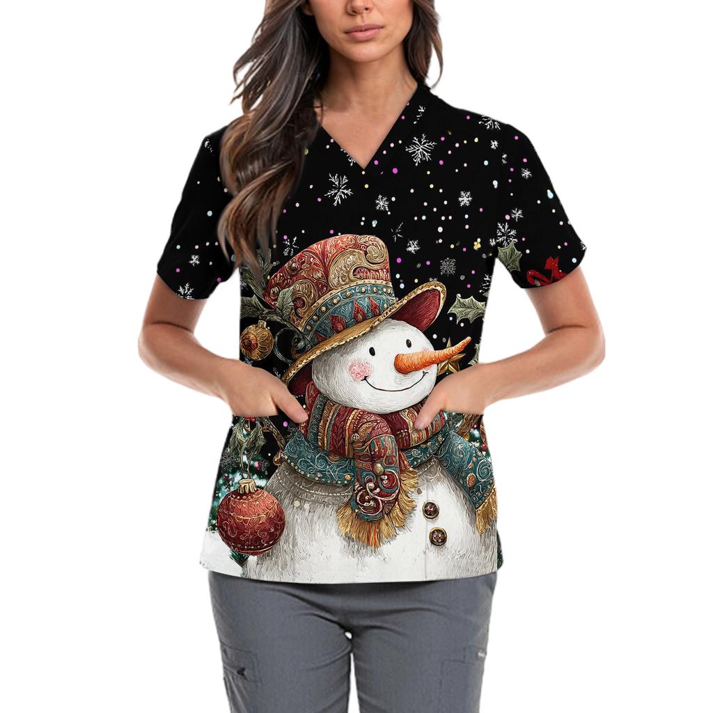 Женская милая блузка с принтом бантиков, рабочая одежда, V-образный вырез, двойной слой, карманы, базовая, с коротким рукавом, пуловер