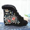 Winter Quilted Fleece-Lined High-Heeled Cotton Boots with Frog Closure and Floral Gold Thread Embroidery