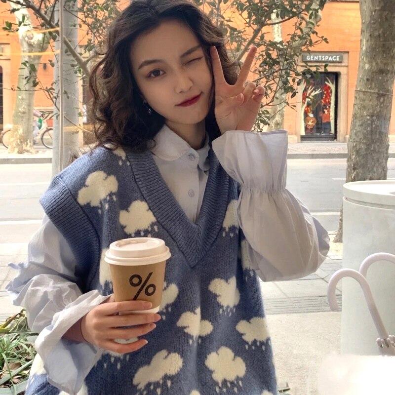 Осенний вязаный свитер-жилет для женщин без рукавов с принтом облаков и V-образным вырезом, свободный вязаный жилет, верхняя зимняя одежда для женщин