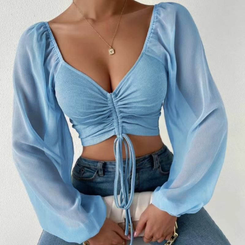 Летняя новая шифоновая блузка с V-образным вырезом и завязками, женская винтажная узкая модная сексуальная женская рубашка, топы, элегантная однотонная женская укороченная блузка 25156