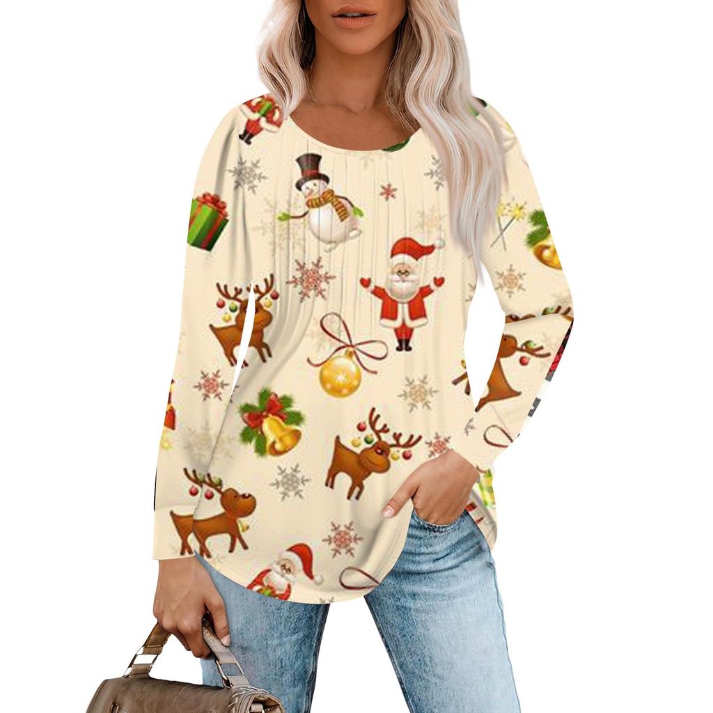 Женская повседневная футболка с круглым вырезом и длинными рукавами с рождественским принтом и складками