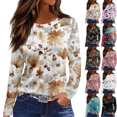 Женская модная повседневная свободная футболка с разрезом и круглым вырезом с длинным рукавом с принтом, женский топ