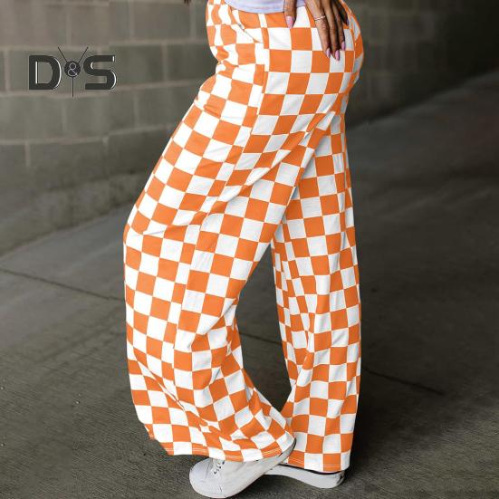 Женские брюки с высокой талией, эластичные, клетчатые, широкие, повседневные брюки свободного кроя, повседневная одежда для работы и отдыха