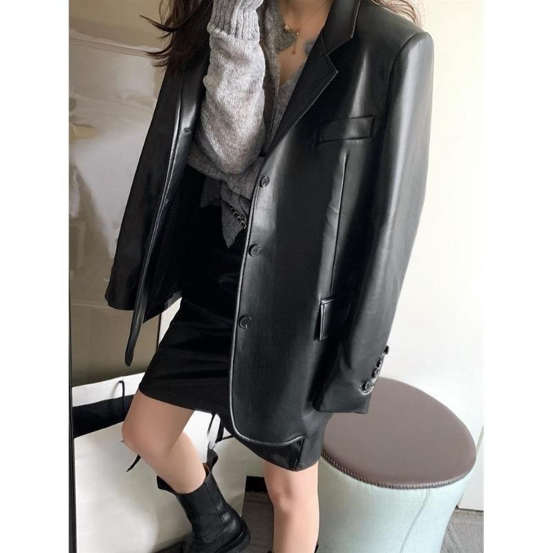 Женская свободная куртка из полиуретана в винтажном стиле с большим вырезом в черном и коричневом цветах