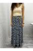Women's Style Big Size Skirt Blue Floral Patterned Long Skirt With Elastic Waist