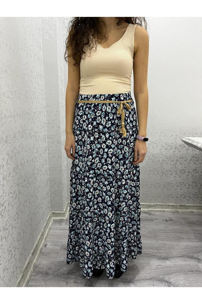 Women's Style Big Size Skirt Blue Floral Patterned Long Skirt With Elastic Waist