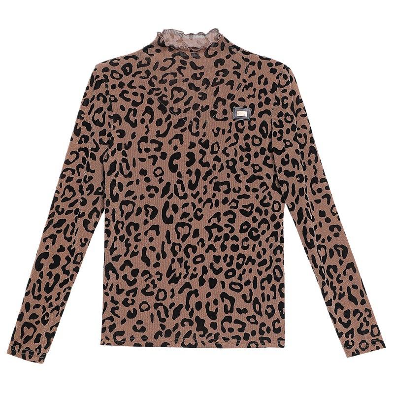 Autumn Leopard Print Slim Body Shirt Mesh Base Shirt for Women with Thin Casual Half-high Neck Temperament T-shirt