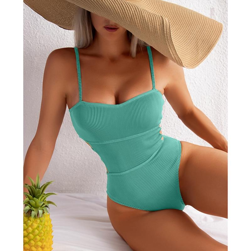 Sexy Ribbed One Piece Swimsuit Solid Swimwear Women 2022 Cut Out Monokini High Cut Swimming Suit For Women Bathing Suits