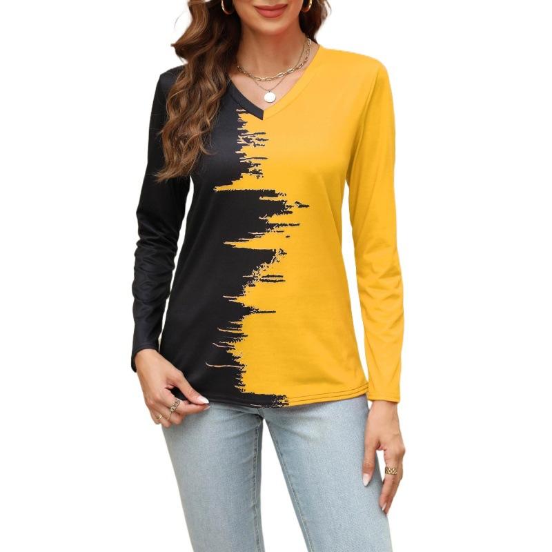 Весенне-осенняя женская блузка с v-образным вырезом и принтом, топ с длинными рукавами