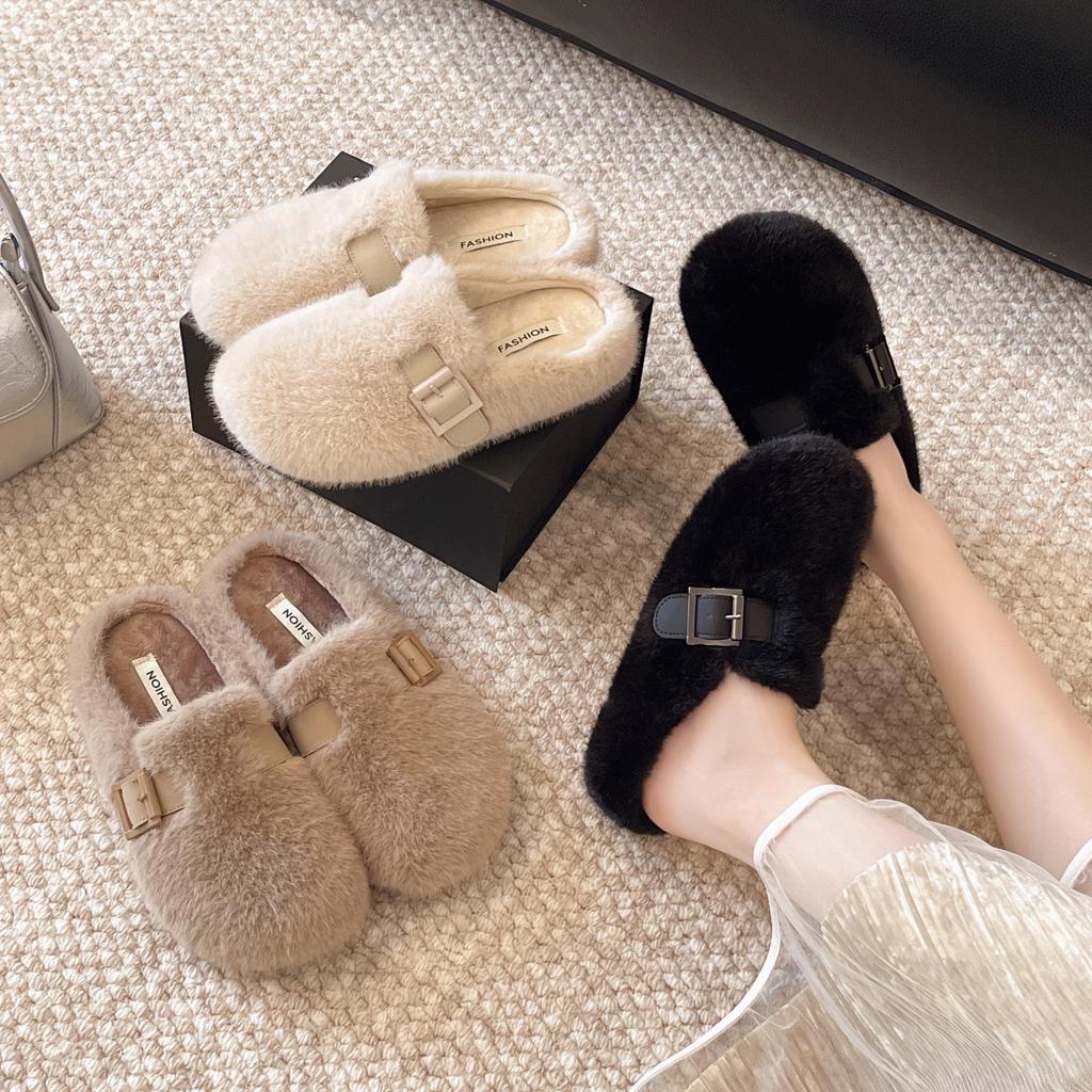 2025 New Autumn and Winter High-end Plush Cotton Slippers = Fashionable Bag Head Fluffy Slippers for Women