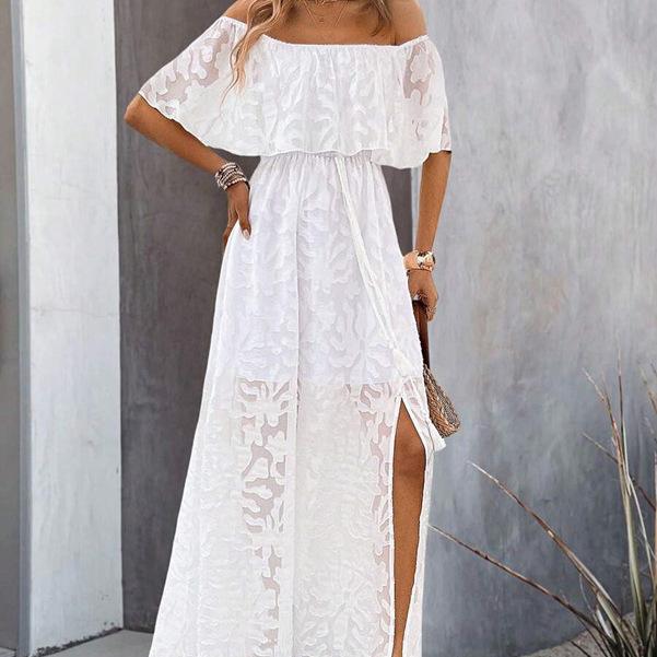 Женское летнее повседневное белое платье с открытыми плечами и вышитым кружевом с высоким разрезом