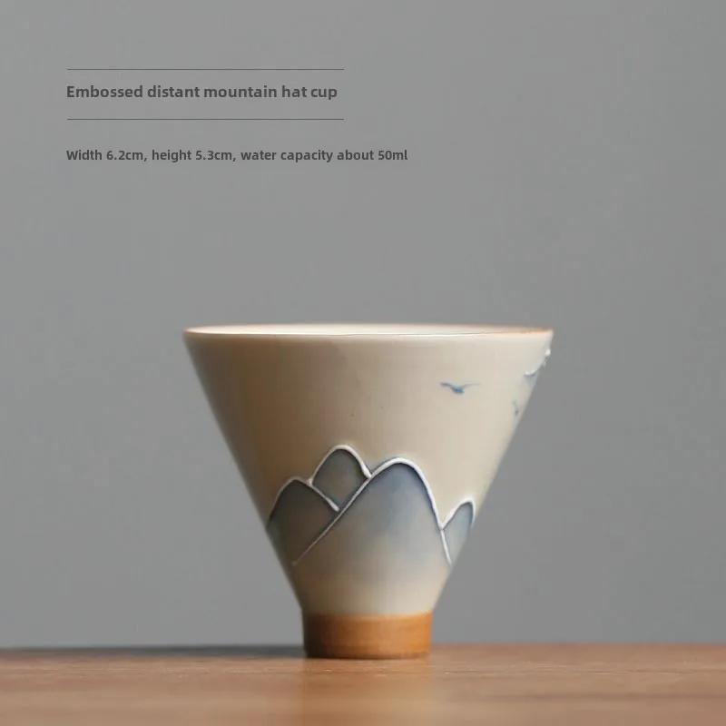 Hand-Painted Landscape Ceramic Tea Cup, Plant Ash Glaze & Underglaze Color, Bamboo Hat Design for Gongfu Tea Ceremony Home Decor