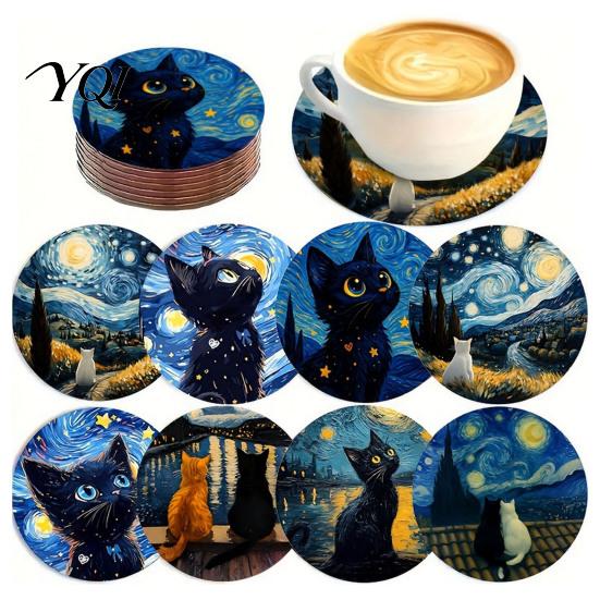 Heat Insulation Pads Wooden Cat Coasters, Decorative Resistant Table Mats, Non-slip Cup Coasters for Drinks Hot And Desk Protection Tableware
