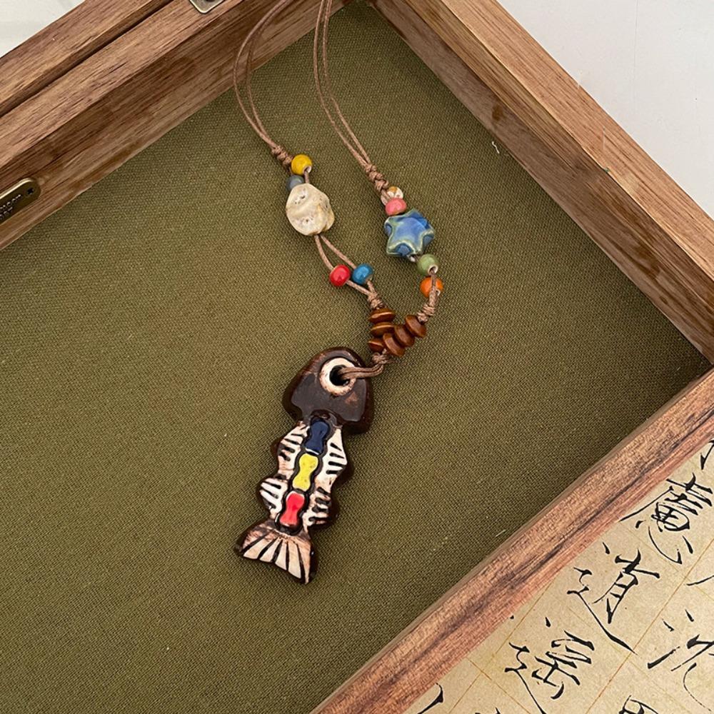 Vintage Ceramic Fish Necklace Wood Bohemian Style Choker Exquisite Long Sweater Chain Decoration