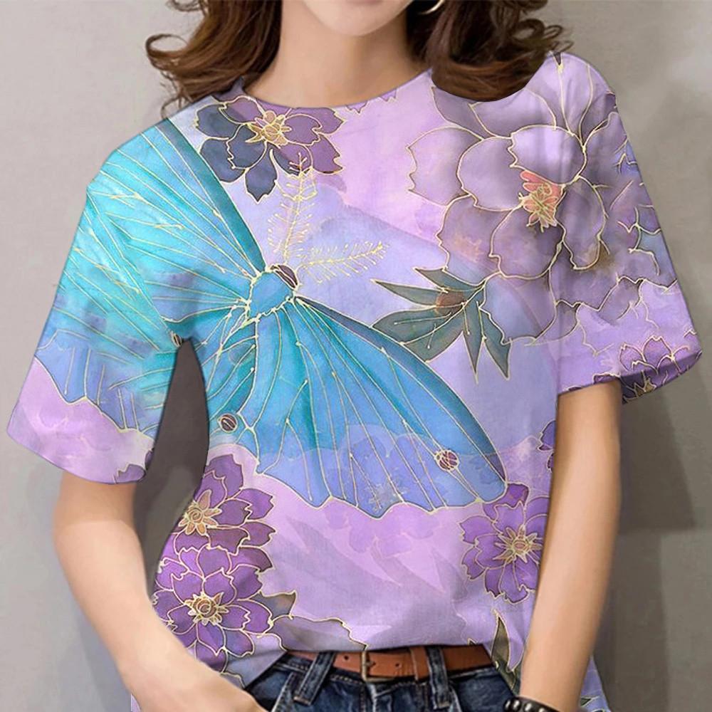 Retro Butterfly Flower 3d Printing T-shirt Women's Street Wear Summer Fashion Short-sleeved O-neck Top