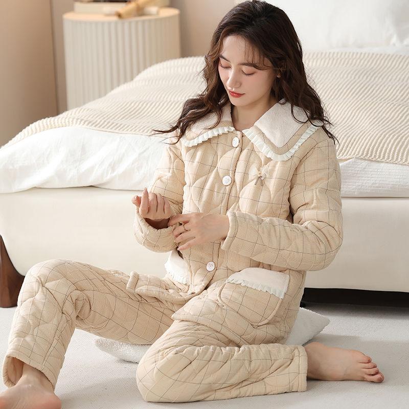 Новая осенне-зимняя женская пижама с хлопковой подкладкой, теплая домашняя одежда из хлопка, трехслойная одежда для сна большого размера, домашний костюм