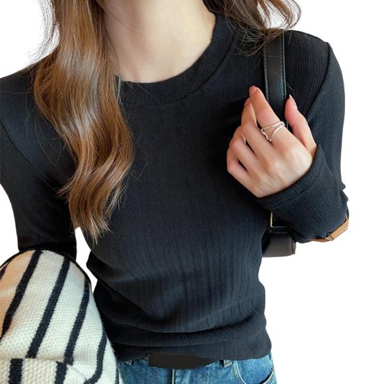 Женские облегающие топы с круглым вырезом и длинным рукавом, пуловеры, однотонные футболки с рубчатой текстурой