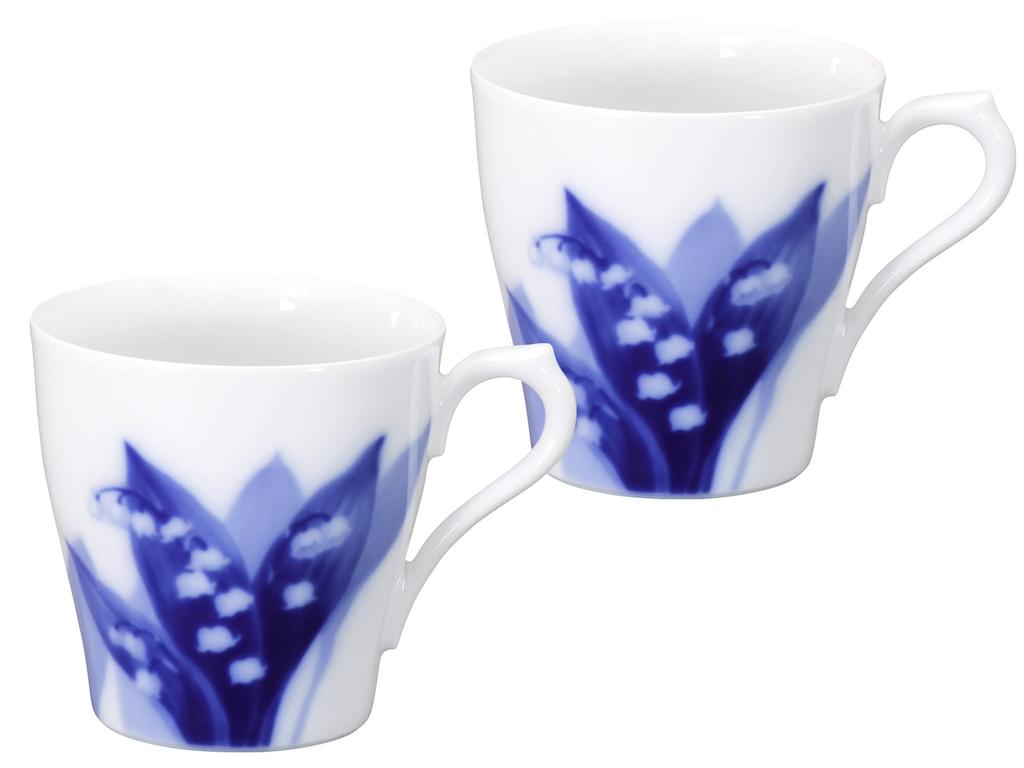 Okura Art Pottery Lily of the Valley Mug Pair Set, Coffee/Tea, Microwave and Dishwasher Safe, Made In Japan, 114CR/B033