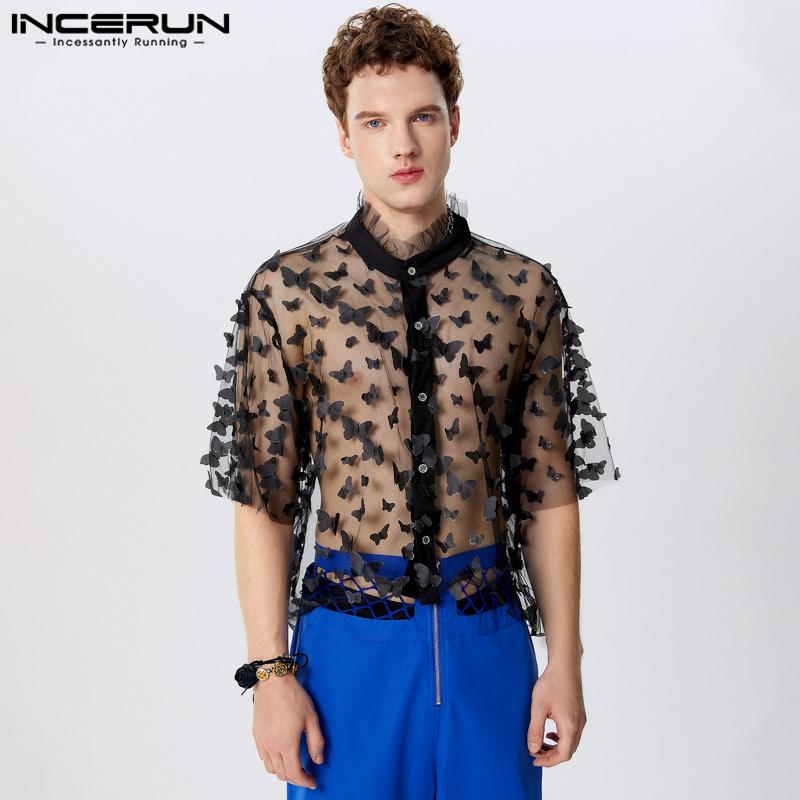 INCERUN Мужские сетчатые топы с воротником-стойкой, прозрачные, кружевные, короткие, сексуальные, футболки