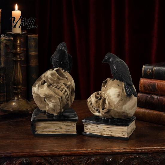 Spooky Gothic Home Decor Accessories Halloween Skull Head Statue, Crow And Book Sculpture, Table Centerpiece Resin Statue for Party Realistic
