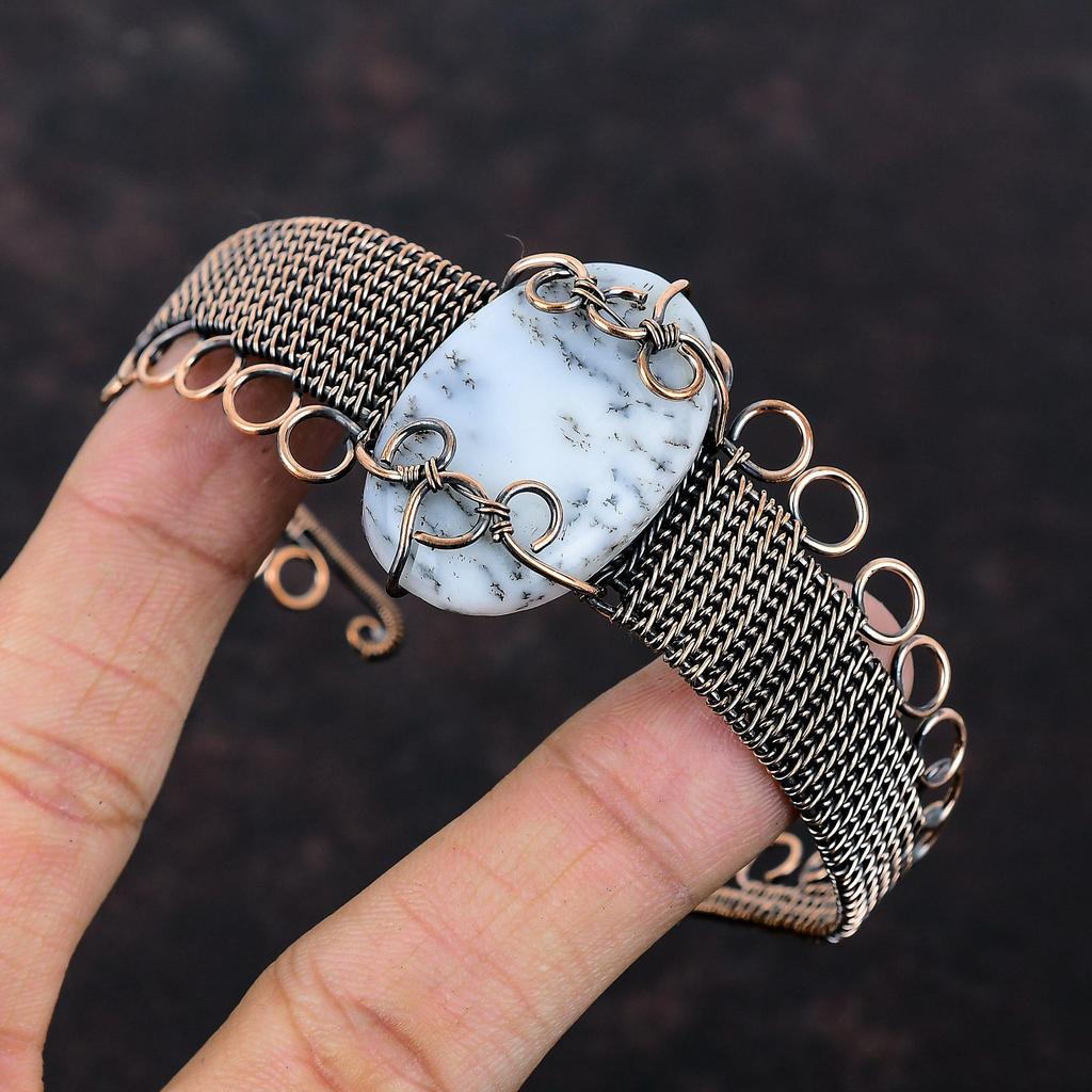 Браслет-манжета из дендритового опала, обернутый медной проволокой, регулируемый браслет-манжета, обернутый проволокой, украшения из драгоценных камней, медный браслет ручной работы