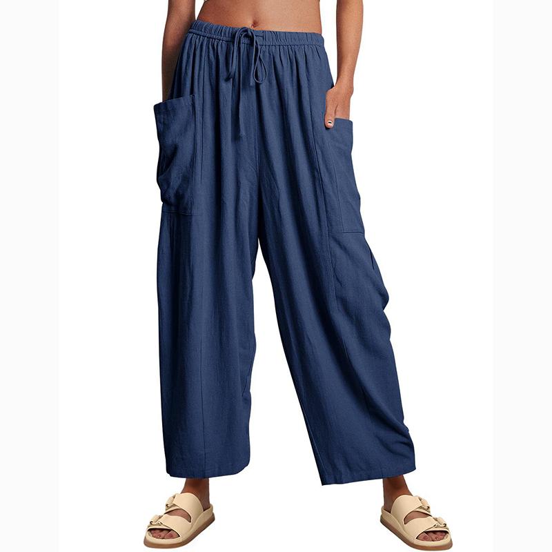 Fashion Lace-up Elastic Waist Pleated Casual Pants Women High Waisted Wide Leg Pants Women Loose Solid Office Lady Trouser 24162