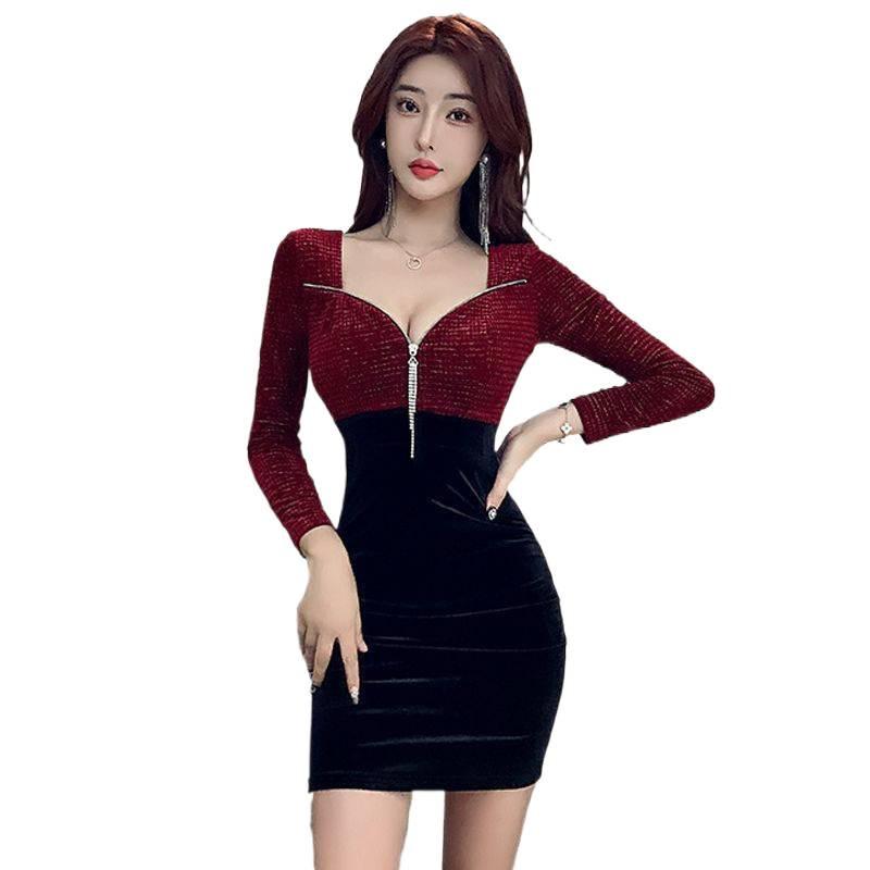 Women's Velvet Long Sleeve Bodycon Dress - Sexy Low-Cut Mini Skirt for Autumn/Winter Nightclub or Work Events