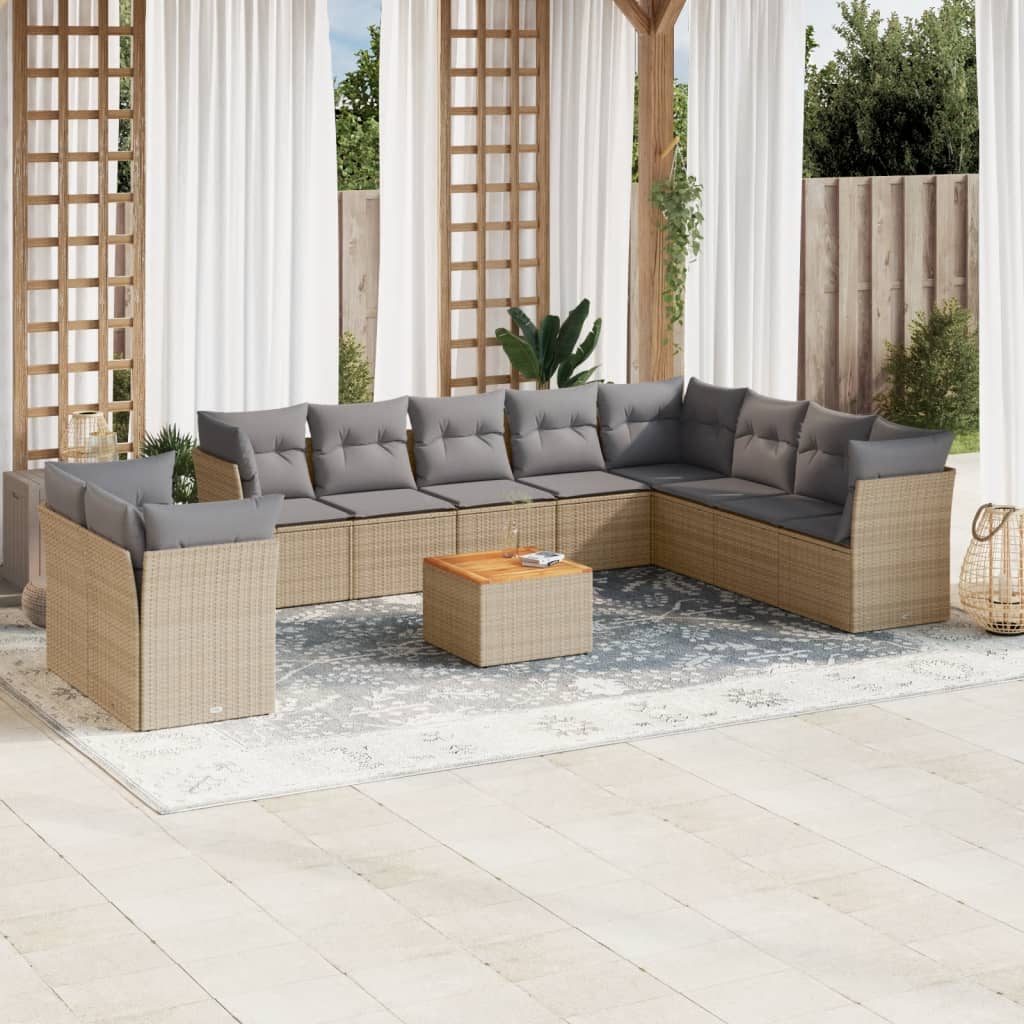 11 piece Garden Sofa Set with Cushions Beige Poly Rattan