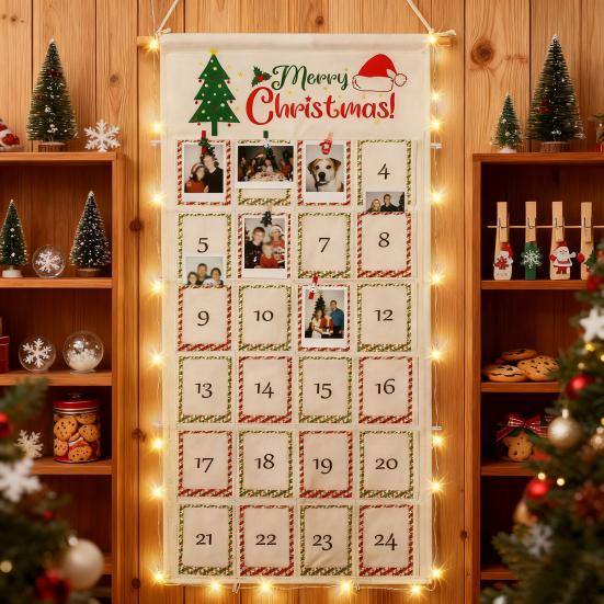 Christmas Picture Countdown Board Photo Advent Calendar with Christmas Clips Reusable Photo Display Collage Board with LED Light for Festival Memory