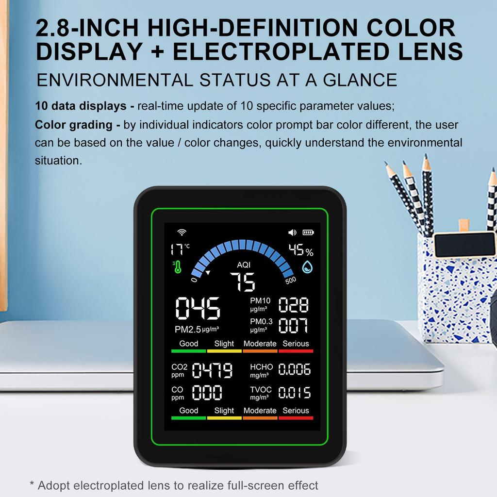 Детектор качества воздуха 10-в-1, 2,8", CO2, Формальдегид, PM2.5, TVOC, Температура, Влажность, Зарядка Type-C, для дома и офиса