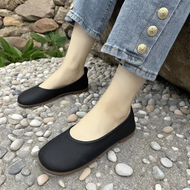 Fashion Leather Casual Women's Flat Shoes Round Toe With Heel Formal Chic and Elegant Slip On Point Popular 2025 Summer Ladies Footwear