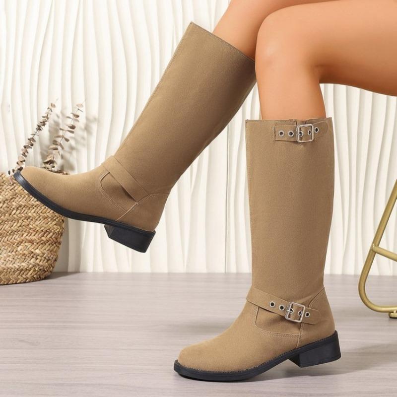 2024 Новые женские сапоги, классические женские сапоги с пряжкой на ремне, высокие сапоги до колена, повседневные сапоги с круглым носком и низким каблуком
