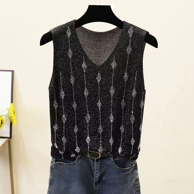 2023 Блестящий шелковый женский жилет без рукавов с V-образным вырезом - Новый стиль весна/лето, свободный крой с вязаным дизайном на бретелях с горячими бриллиантами