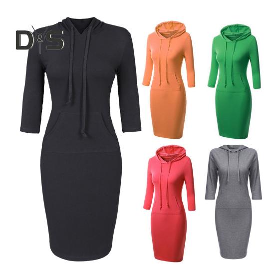 Осеннее платье с капюшоном и большим карманом, облегающее, с завязками на талии, эластичное, однотонное, облегающее мини-платье с рукавами 3/4, повседневное, для офиса, вечеринки, платье