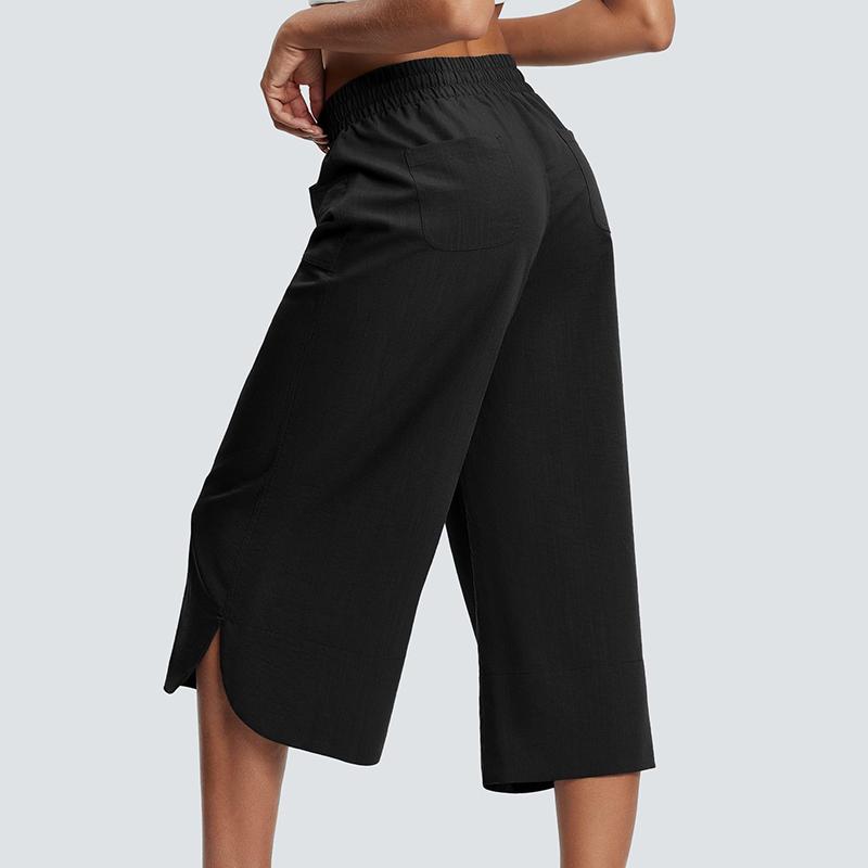 Женские весенне-осенние модные базовые однотонные брюки-капри с высокой посадкой и широкими штанинами с карманом