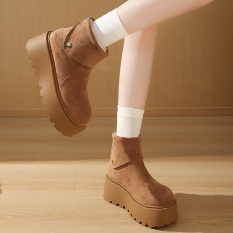 Ботильоны на платформе с мехом, зимние ботинки на плоской подошве, замшевые теплые плюшевые хлопковые туфли, зимние туфли на высоком каблуке для женщин 2025 года, модные удобные ботинки Mujer