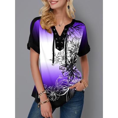 Женские топы с цветочным принтом, летняя свободная футболка с V-образным вырезом и коротким рукавом на шнуровке