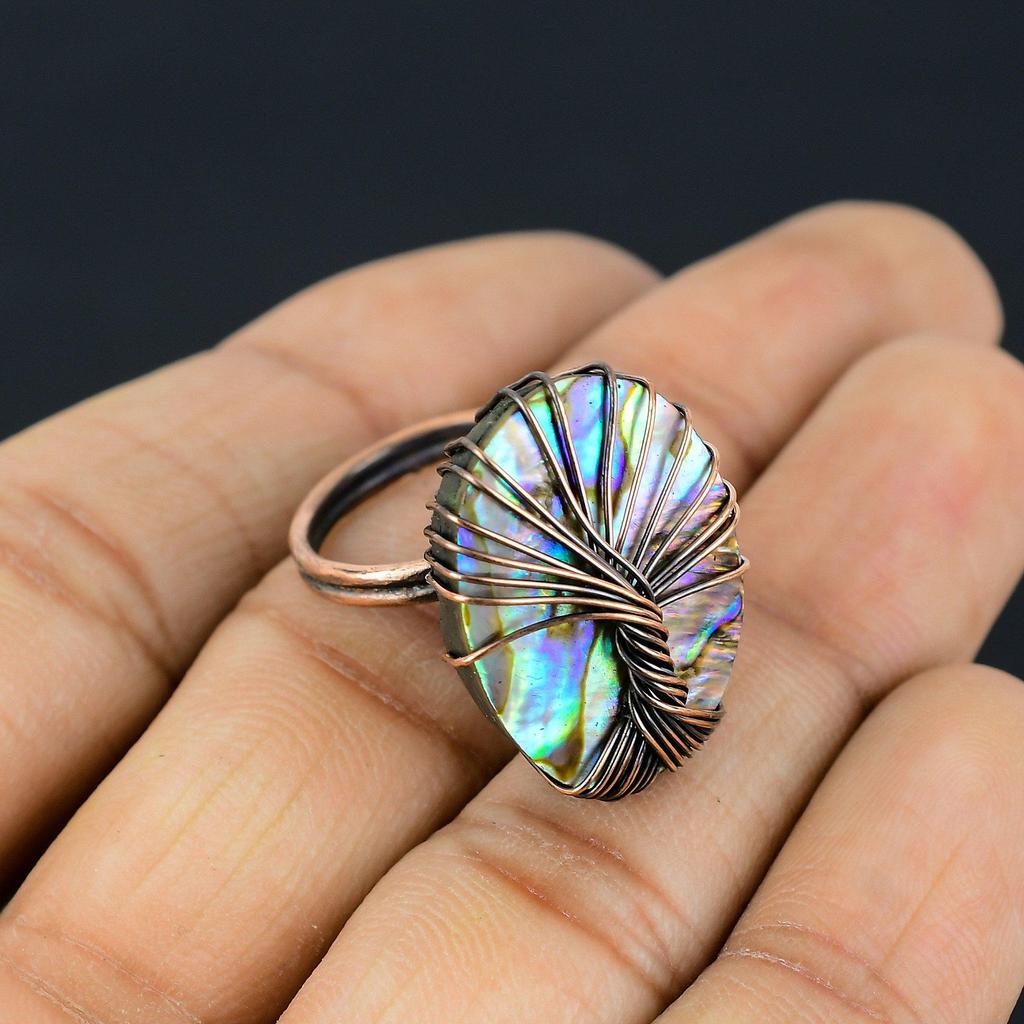 Tree Of Life Abalone Shell Gemstone Copper Wire Wrapped Handmade Jewelry Ring For Wedding Gift