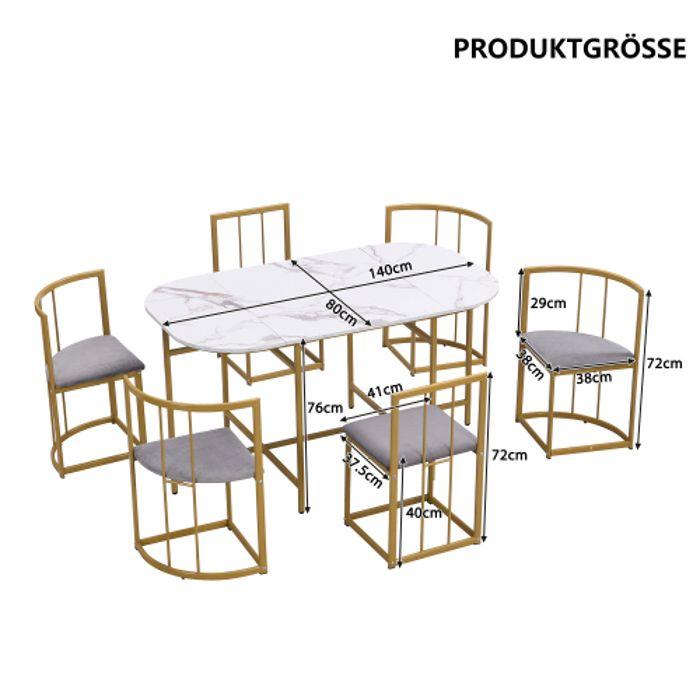 Ensemble table à manger avec six chaises : (table blanche, chaises avec dossiers et coussins gris, structure en fer doré)