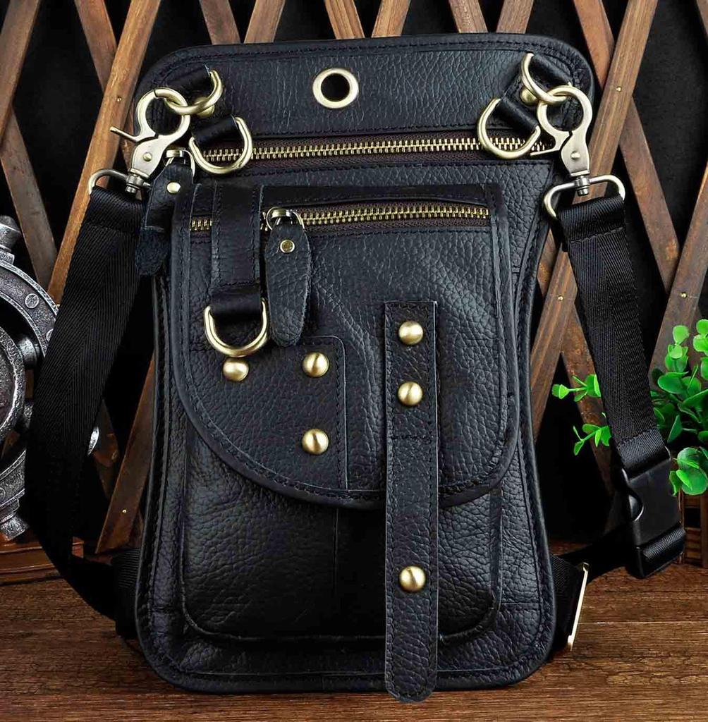 Mens Genuine Leather Multifunction Shoulder Crossbody Messenger Bag Hook Waist Pack Drop Thigh Leg Bag