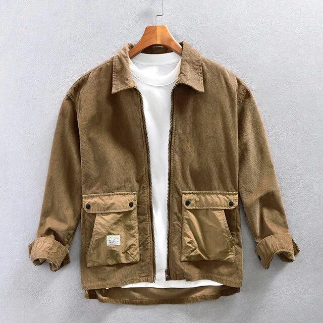 Новая модная рубашка с длинным рукавом на молнии для мужчин, повседневная рубашка цвета хаки с лацканами, большие карманы, вельветовая рубашка из чистого хлопка, свободный мужской топ
