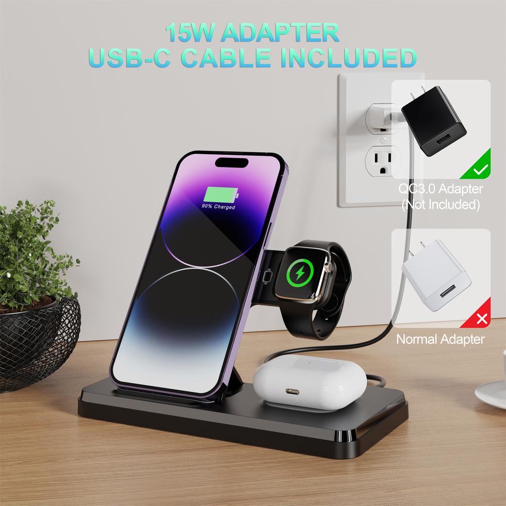 HT-514 3-in-1 Foldable Charging Dock 15W Wireless Charger for Phone/Watch/Earbuds