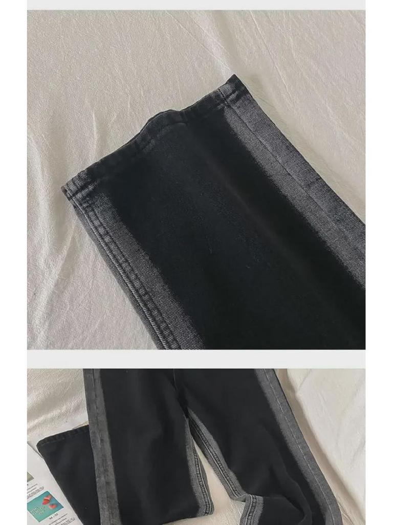 Женские контрастные широкие джинсы с высокой талией и теплой вельветовой подкладкой - осенне-зимний стиль, облегающий крой