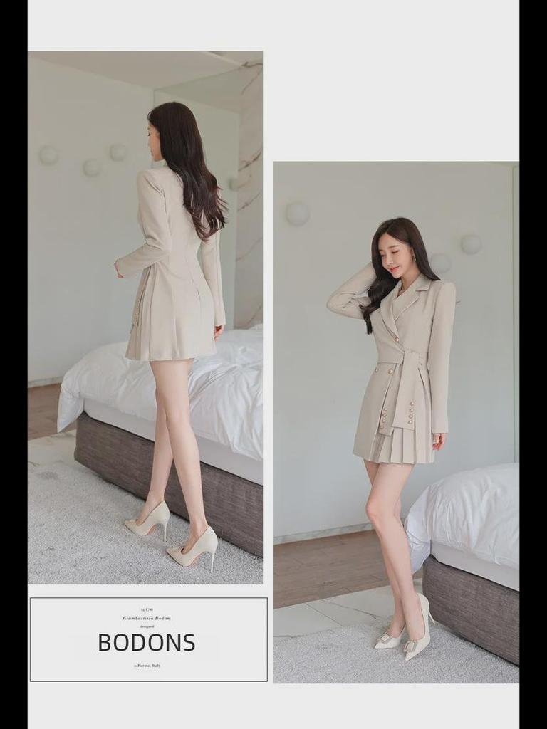 Elegant Pleated Suit Skirt with Professional Collar - Women's Autumn Fashion